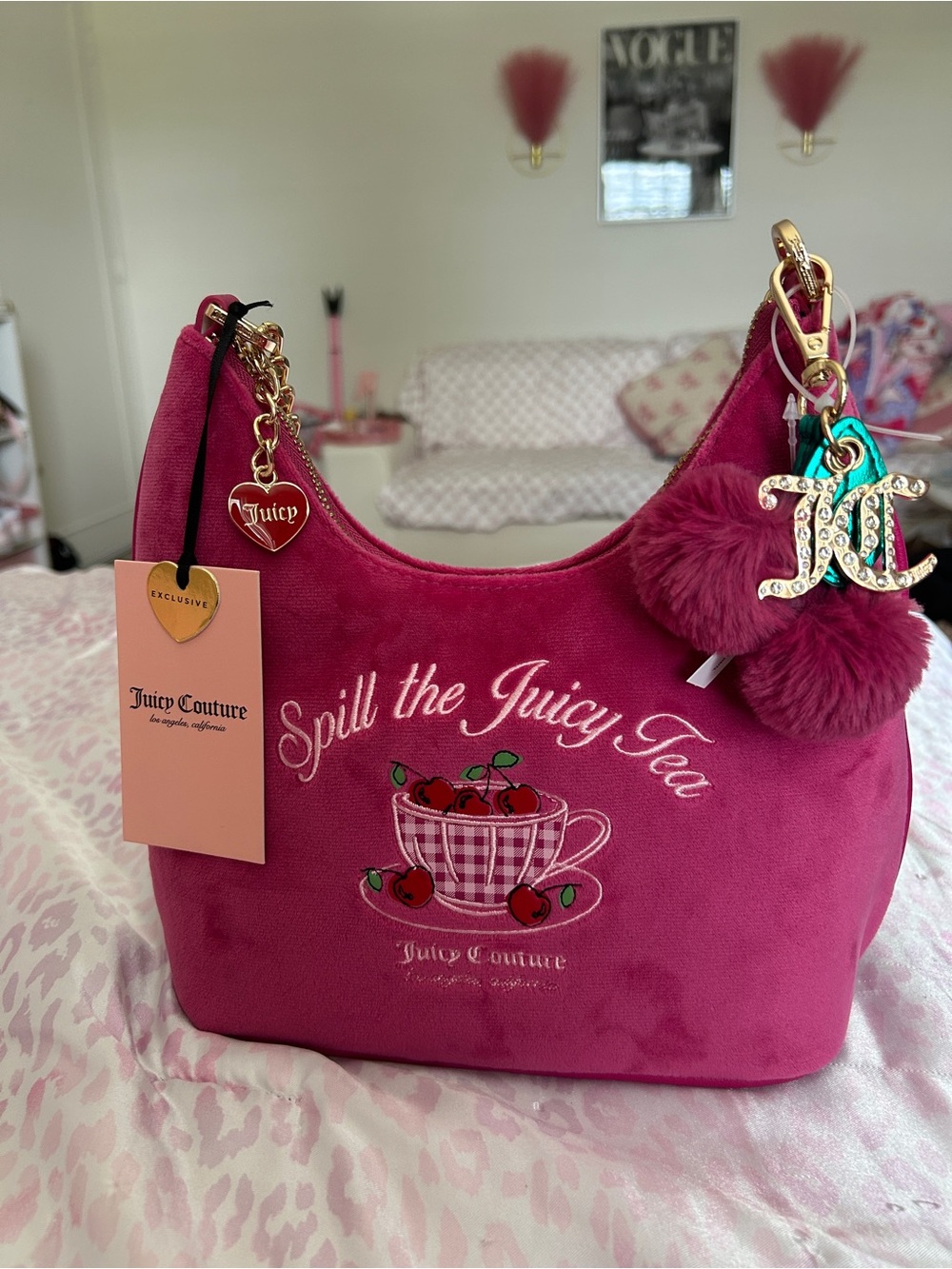 Juicy Couture Fuchsia Embroidered 'Spill the Juicy Tea' Shoulder Bag